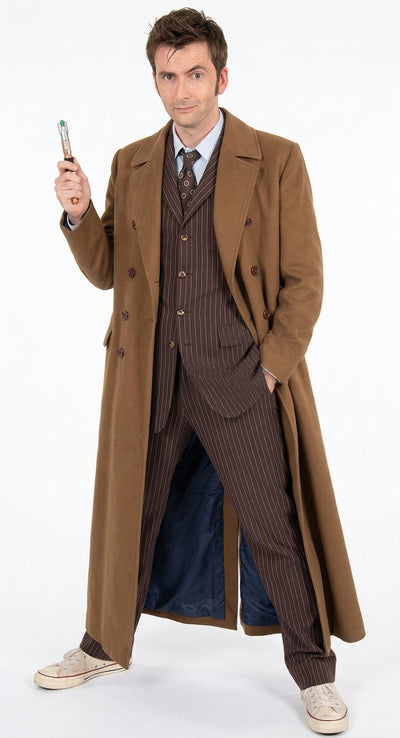 Men’s Brown Cotton Trench Coat Doctor Who 10th Doctor Inspired Long Coat – Classic Gabardina Style Overcoat, Vintage Winter Costume Jacket