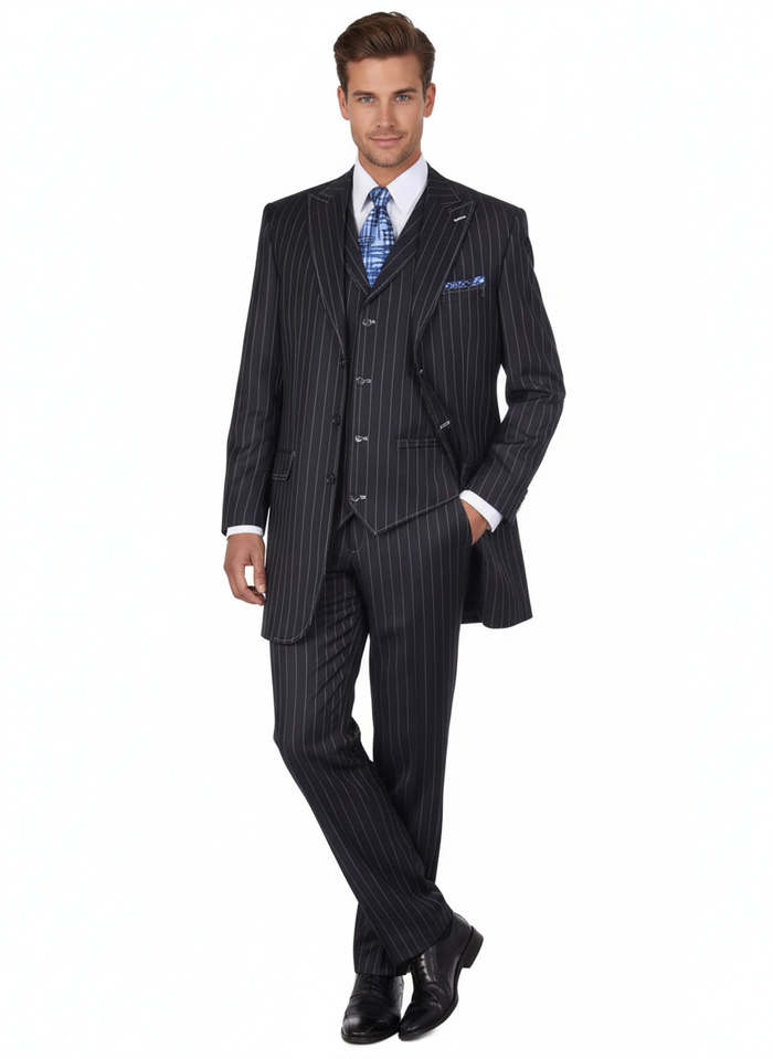 Men’s Three Button Suits - Navy Blue Pinstripe Three-Piece Suit - Classic Business and Formal Wear with Tailored Fit by USA Men's Outlet