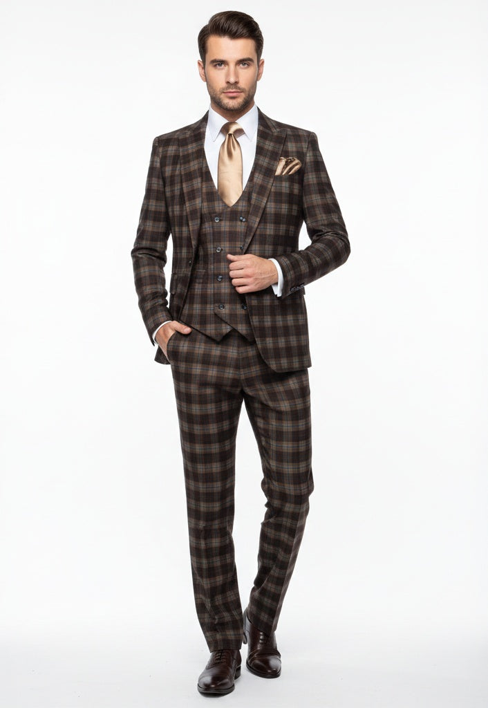 Men’s Brown Plaid Windowpane Three-Piece Suit Set – Classic Slim Fit Jacket, Double-Breasted Vest and Modern Fit Pants  By Rossiman – SuitUSA