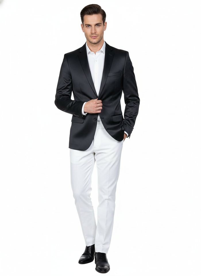Men’s Black Satin Blazer - Classic Slim Fit Two-Button Formal Suit Jacket for Weddings, Parties, and Business Events by USA Men's Outlet