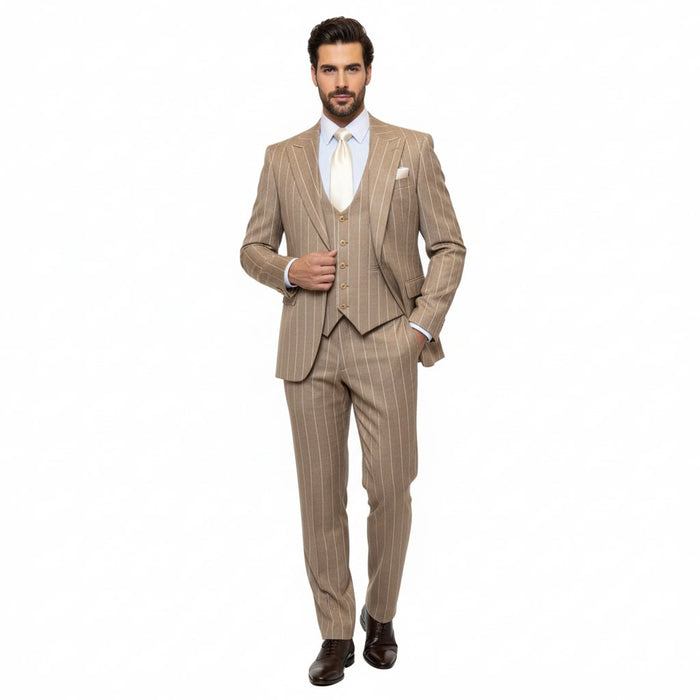 Men's Beige Pinstripe Three-Piece Vested Suit - Tailored Fit Business Attire in Tan Stripe by Rossiman USA Men's Outlet