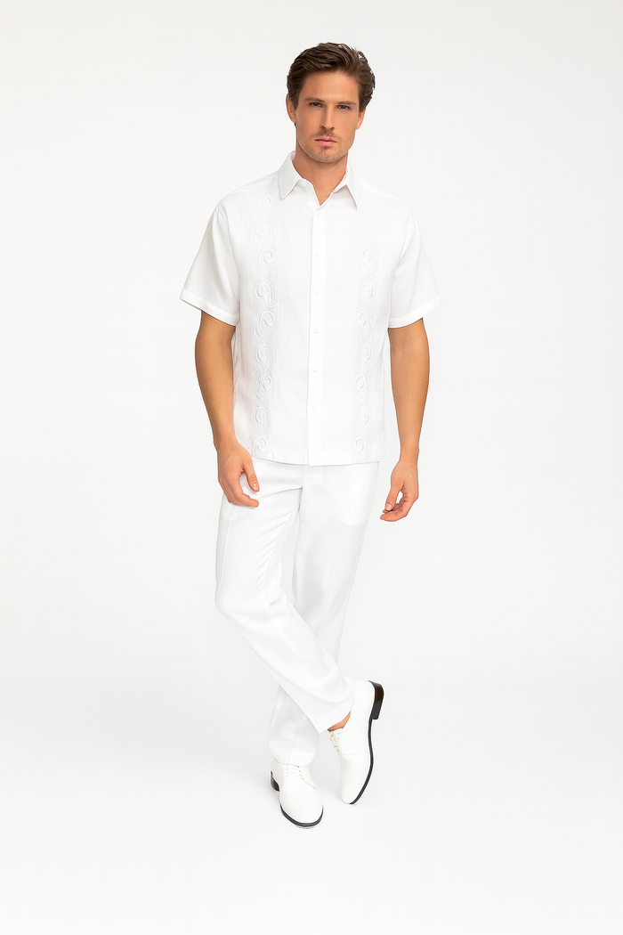 Men’s Linen White Embroidered Guayabera Two-Piece Set - Short Sleeve Shirt and Pants - Summer Walking Suit by USA Men's Outlet