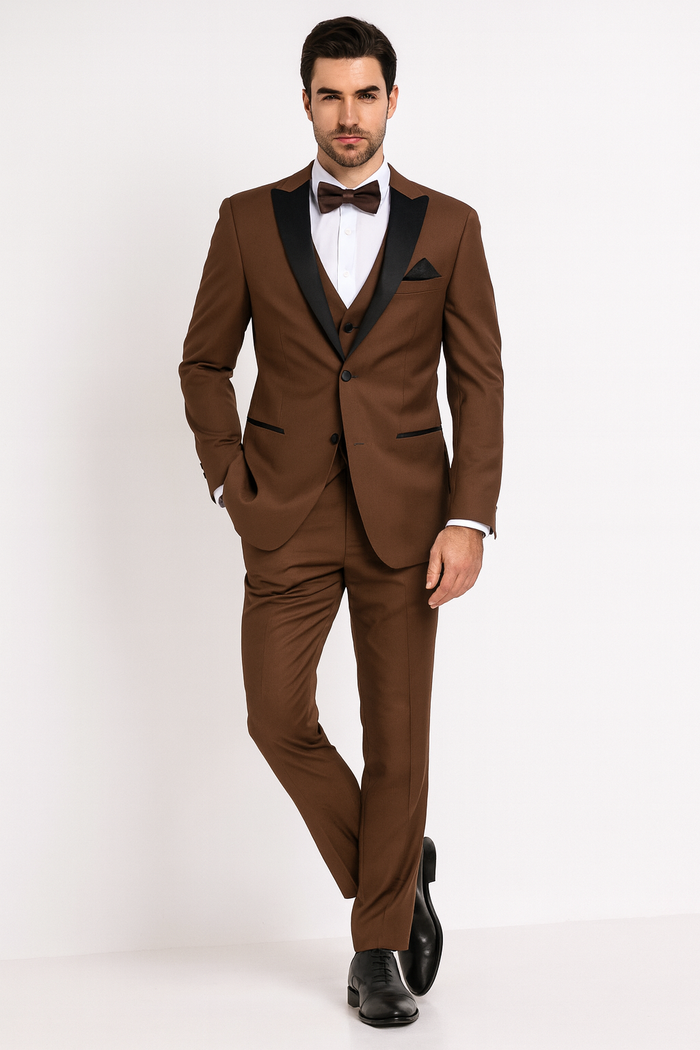 Men’s Light Brown Tuxedo Suit with Black Satin Lapel - 3 Piece Formal Wedding & Prom Outfit - Country Look by USA Men's Outlet