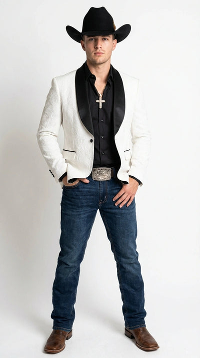 Men’s White Cowboy Blazer with Black Shawl Lapel – Western Formal Jacket for Wedding and Special Events