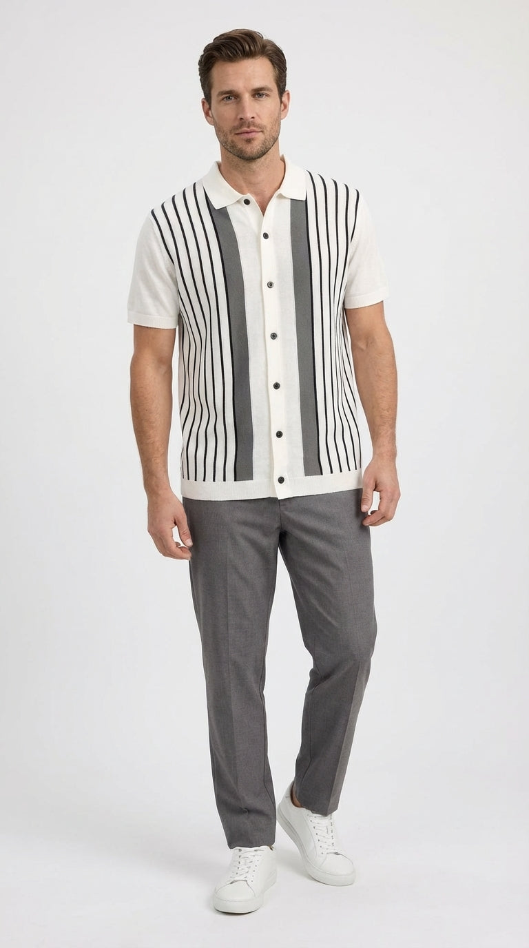 Mens White and Charcoal Gray Stripe Walking Suit Set – Short Sleeve Button Shirt and Pants Casual Summer Outfit for Travel, Vacation and Everyday Wear – SuitUSA