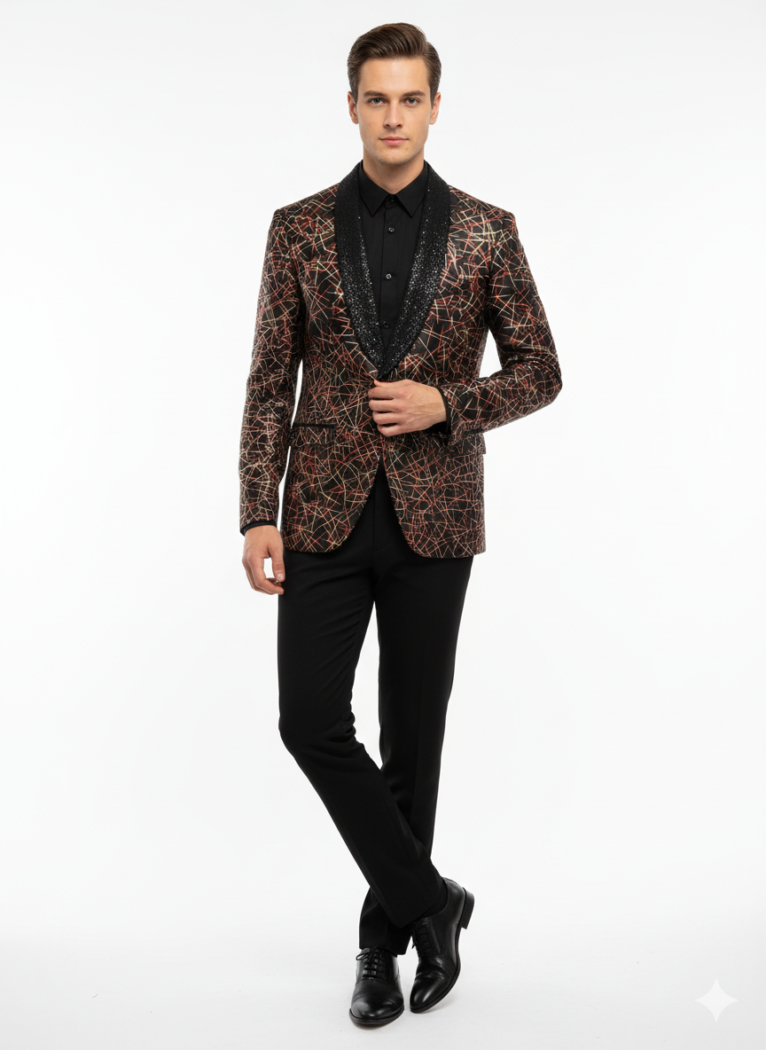 Men’s Black Shiny Designer Blazer with Red and Gold Pattern - Luxury Party & Wedding Jacket by USA Men's Outlet