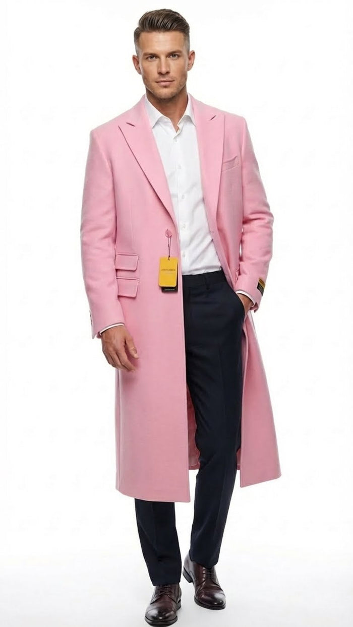 Men’s Pink Wool Blend Long Overcoat - Slim Fit Tailored Winter Coat - Carcoat - Topcoat by USA Men's Outlet