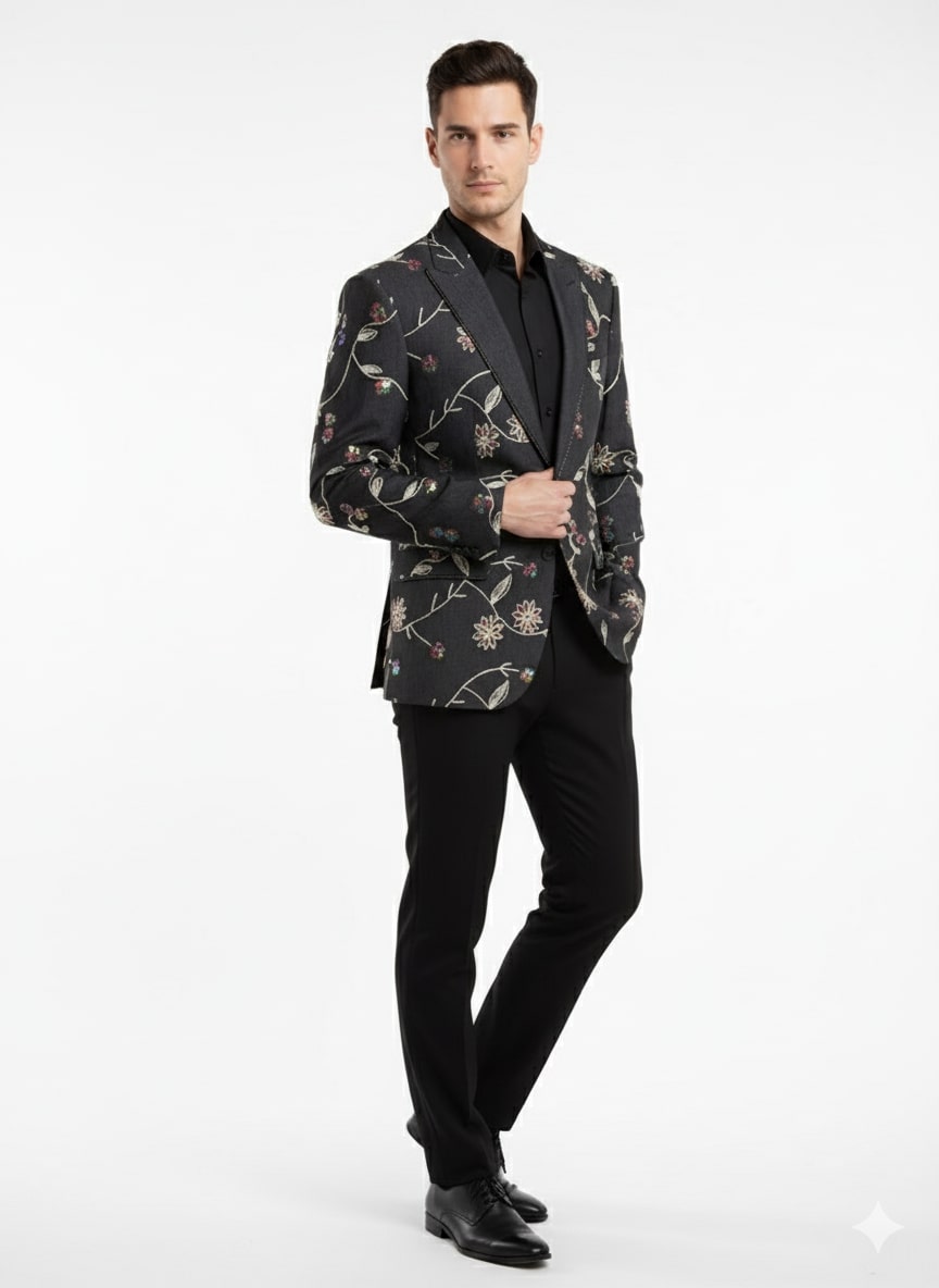 Luxury Black Floral Embroidered Blazer for Men – Designer Party and Wedding Wear Jacket – SuitUSA