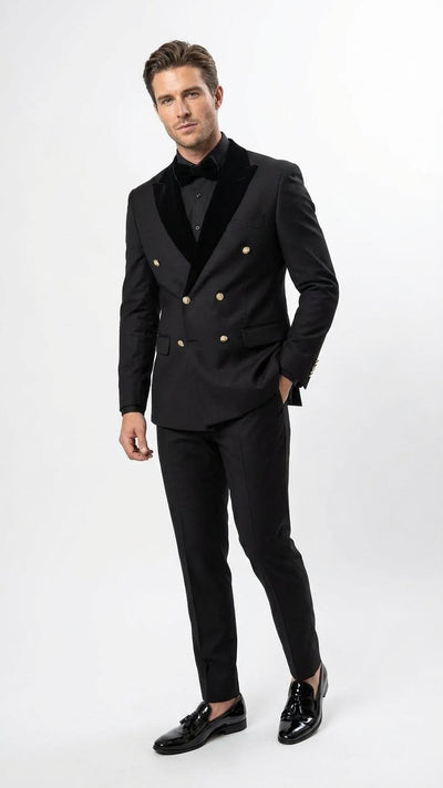 Men’s Black Double Breasted Tuxedo Suit - Luxury Formal Dinner Jacket Gold Buttons Velvet Lapel by USA Men's Outlet