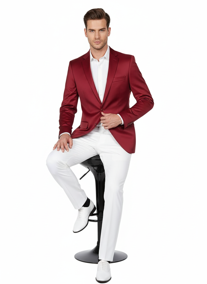Premium Men's Burgundy Satin Slim Fit Blazer - Elegant Party & Wedding Suit Jacket in Maroon Wine Color by USA Men's Outlet