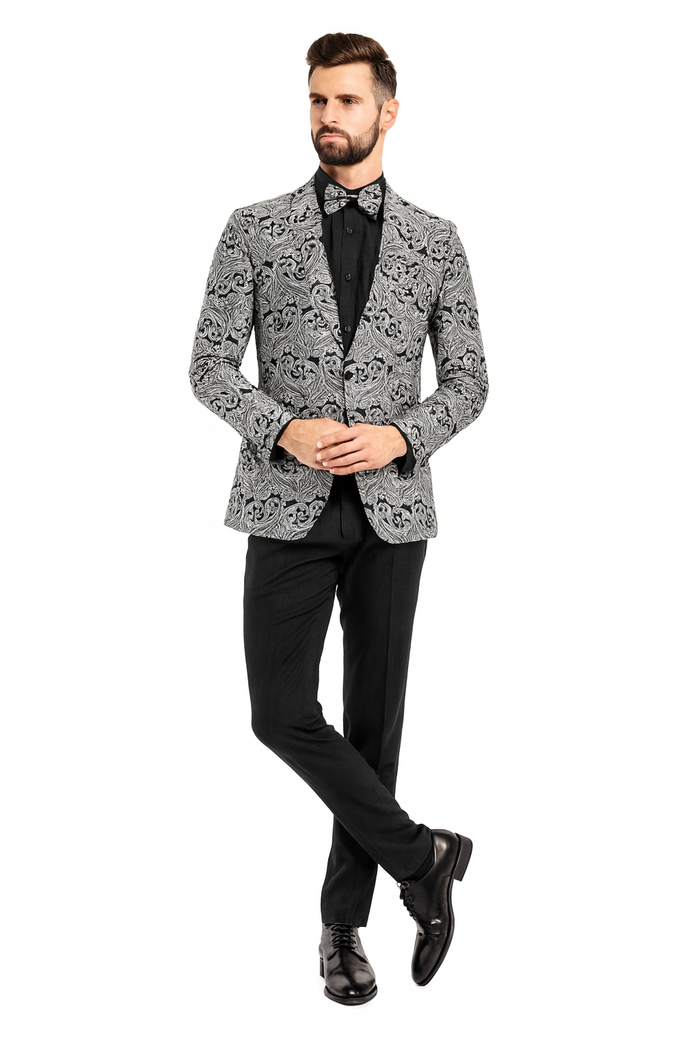 Men’s Black and Silver Paisley Tuxedo Jacket - Slim Fit Dinner Blazer with Matching Bow Tie with Black Pants by USA Men's Outlet