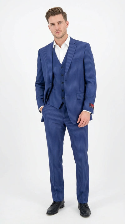 Men’s Royal Blue Pinstripe Three Piece Suit – Classic Formal 3PC Business and Wedding Suit Indigo Teal Saphire Pinstripe