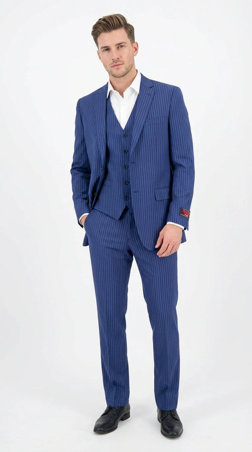 Men’s Royal Blue Pinstripe Three Piece Suit – Classic Formal 3PC Business and Wedding Suit Indigo Teal Saphire Pinstripe
