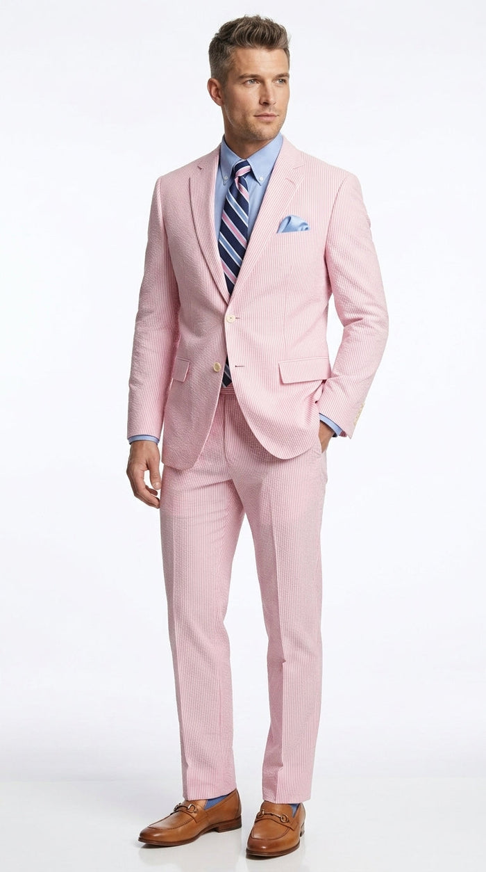 Men’s Pink Seersucker 2 Piece Suit, Lightweight Summer Dress Suit for Weddings, Prom, Parties, and Special Occasions