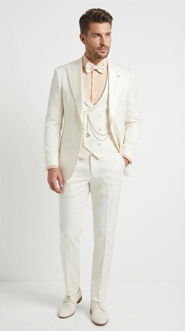 Vinci Men’s Ivory Three Piece Suit – Ivory 3PC Formal Wedding Suit for Groom, Prom and Black Tie Events – SuitUSA