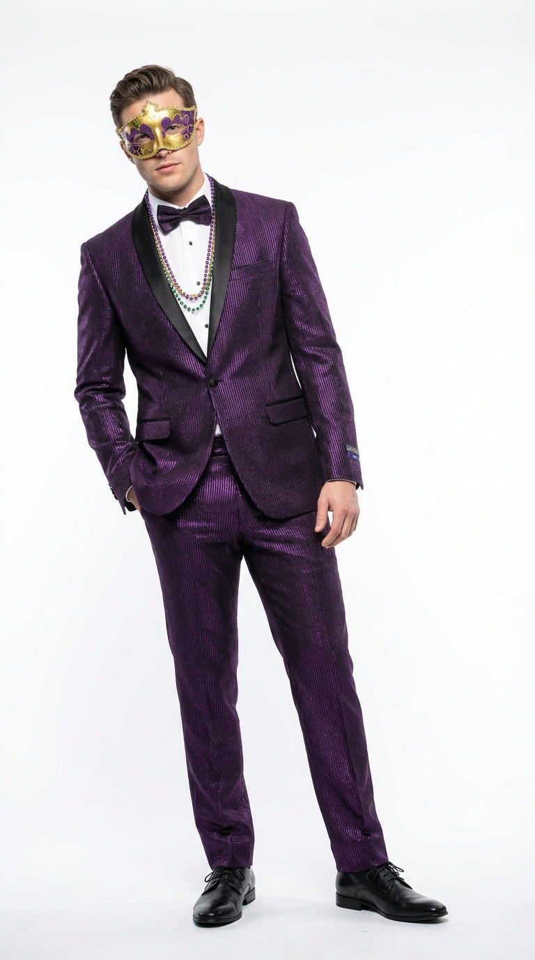 Mens Purple Shimmer Mardi Gras Suit with Black Satin Lapel – Shiny Metallic Formal Party and Carnival Suit Sequin Look – SuitUSA