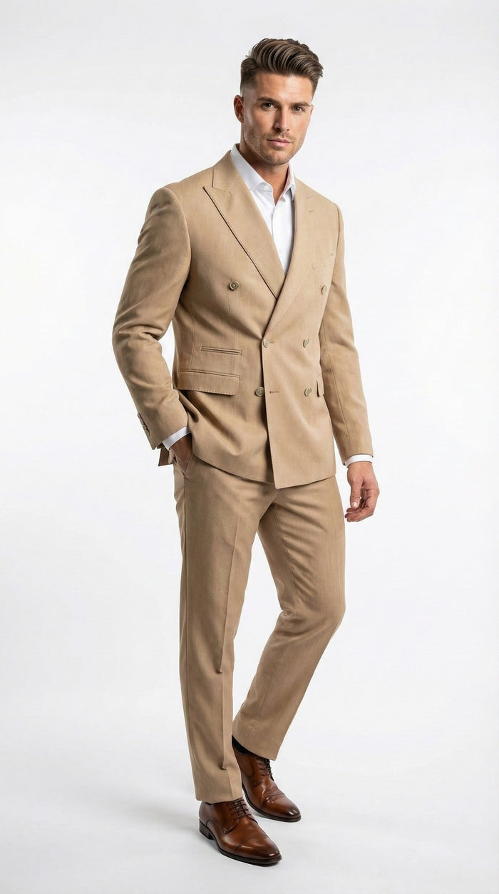 Vitali Brand Men’s Beige Double Breasted Suit - Classic Wedding, Prom & Party Wear Formal Outfit Khaki Camel Color USA Men's Outlet