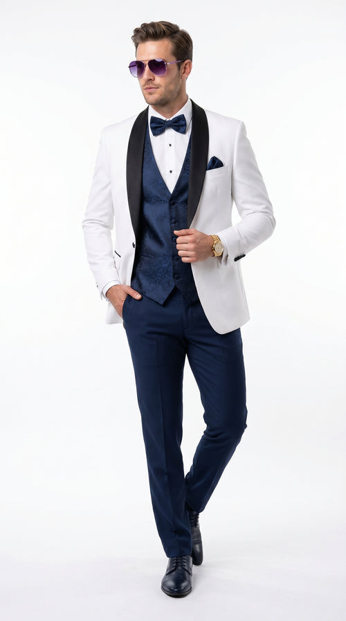 Men’s White and Navy Blue Tuxedo Wedding Suit with Blazer, Vest, Pants and Bow Tie, Formal Groom Suit