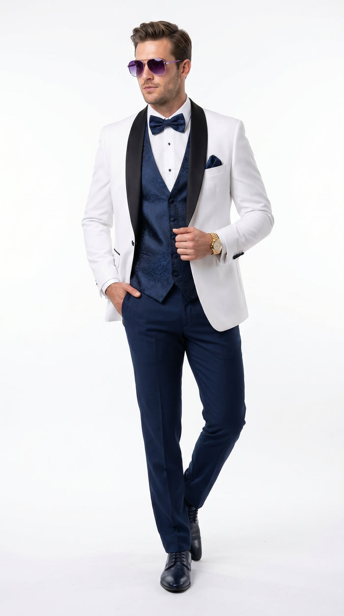 Men’s White and Navy Blue Tuxedo Wedding Suit with Blazer, Vest, Pants and Bow Tie, Formal Groom Suit
