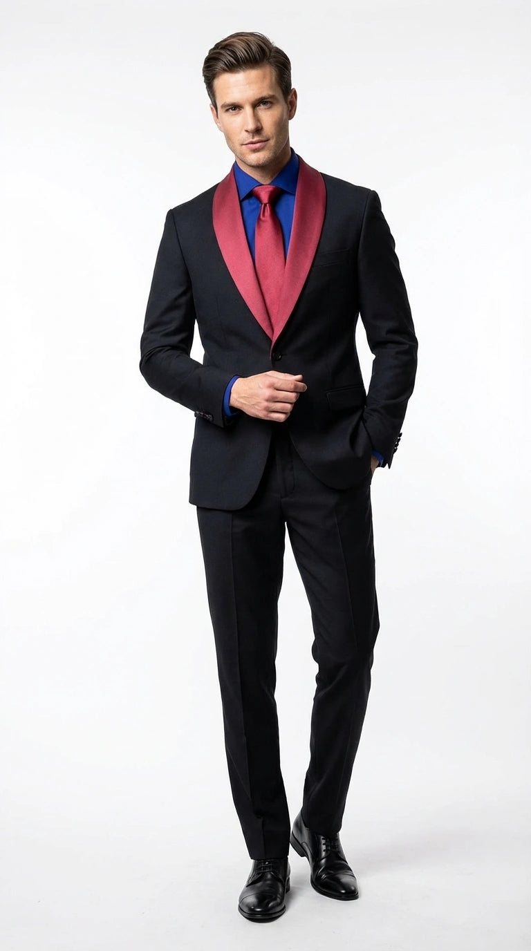 Men’s Black Suit with Burgundy Shawl Lapel –  Formal Tuxedo Suit for Wedding, Prom and Evening Events + Bowtie & Tie