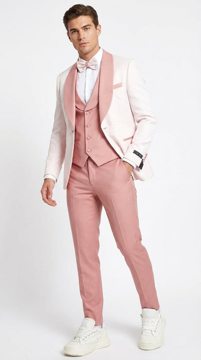 Men’s Cream and Rose Pink Prom Suit – Cream Tuxedo Jacket with Rose Pink Pants and Shawl Lapel Formal Suit for Prom and Wedding