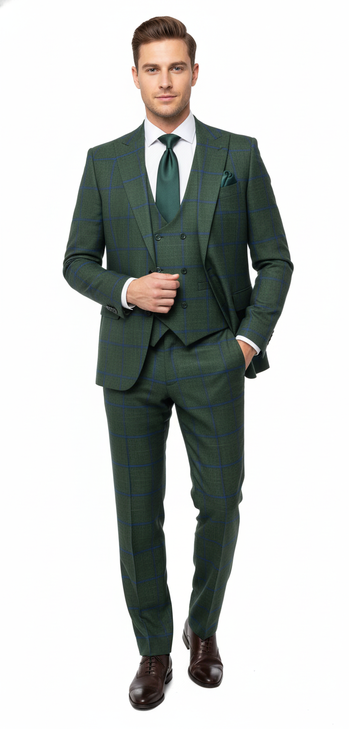 Men’s Green Plaid 3-Piece Suit - Classic Check Slim Fit Suit for Weddings, Church, and Formal By Rossiman USA Men's Outlet