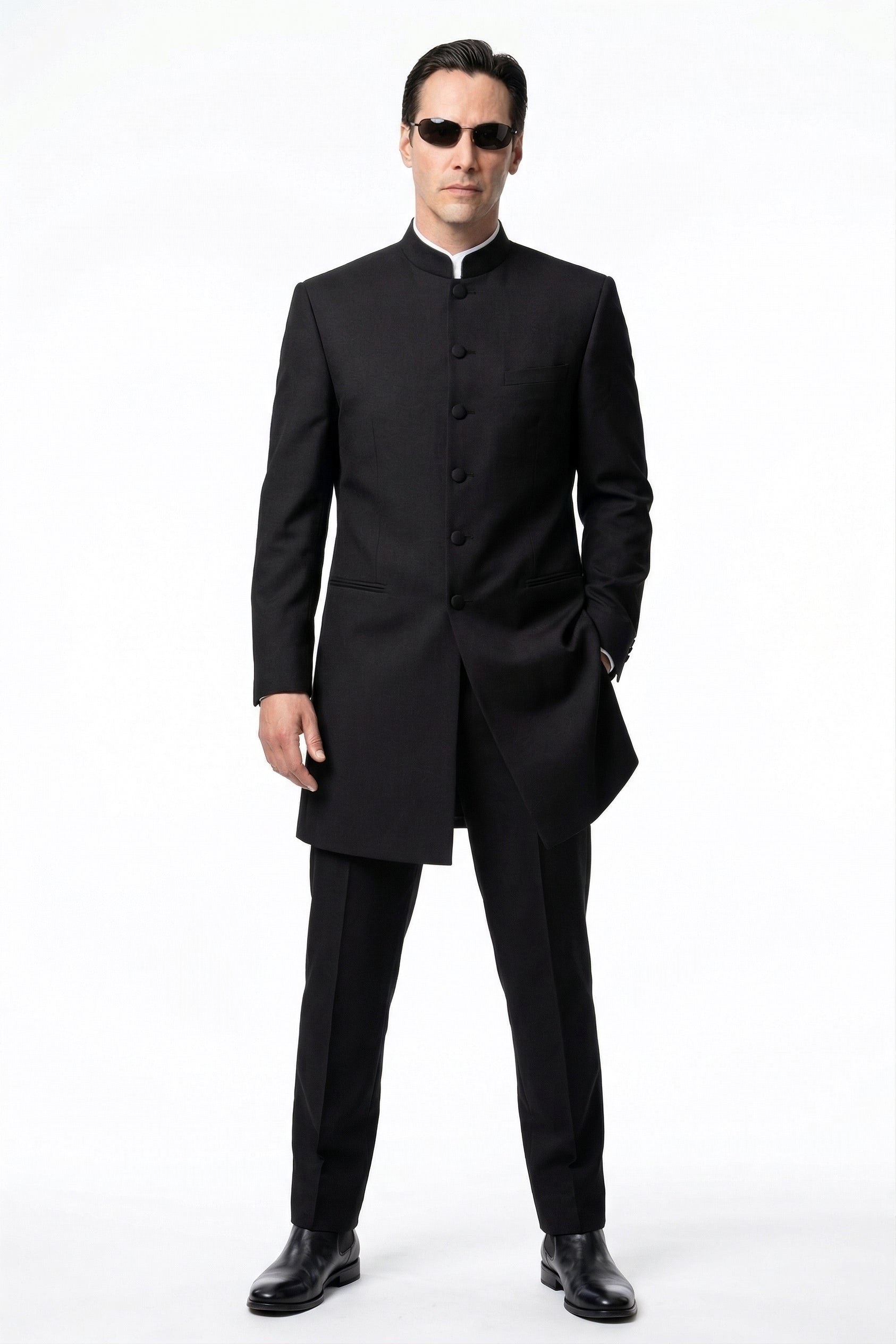 Men’s Black Coat Matrix Keanu Reeves Inspired Long Coat – Classic Mandarin Collar Formal Overcoat, Stylish Winter Trench Coat, Neo Style Jacket – SuitUSA