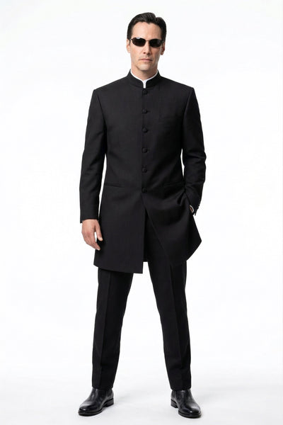Men’s Black Coat Matrix Keanu Reeves Inspired Long Coat – Classic Mandarin Collar Formal Overcoat, Stylish Winter Trench Coat, Neo Style Jacket