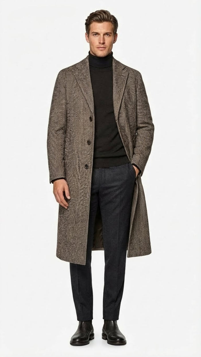 Men’s Black & Grey Herringbone Tweed Wool Blend Overcoat - Classic Single-Breasted Winter Blazer Carcoat by USA Men's Outlet