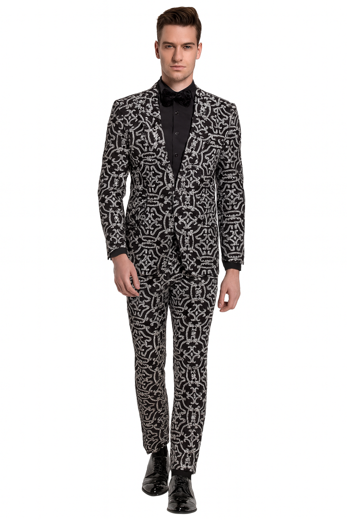 Men’s Black and Silver Sequin Tuxedo - Slim Fit 2-Piece Party and Wedding Suit with Sparkling Design- Black and White Color USA Men's Outlet