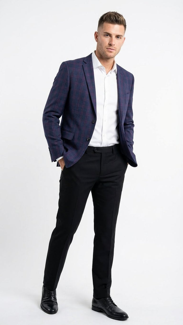 Men’s Big and Tall Navy Blue with Burgundy Plaid Jacket and Sport Coat - Wool Blazer by USA Men's Outlet