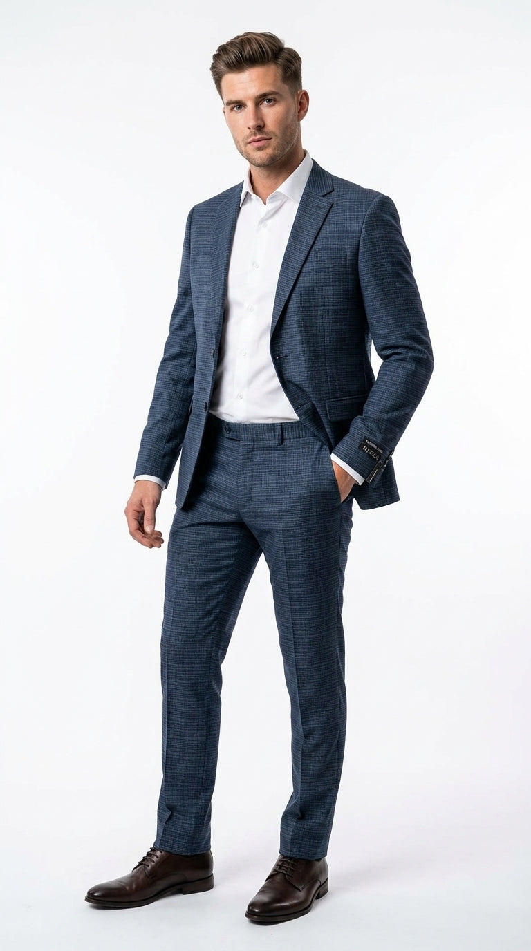 Men's Blue Micro Check Hounstooth small windowpane plaid  3-Piece Suit – Vested Slim Fit Business, Wedding & Formal Suit