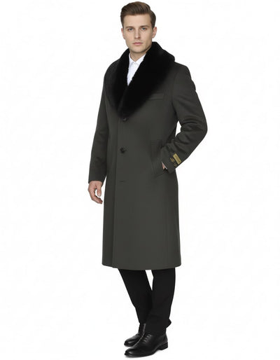Mens Full Length Olive Overcoat with Black Fur Collar - Luxury Wool Fabric Winter Long Coat in Hunter Green by USA Men's Outlet