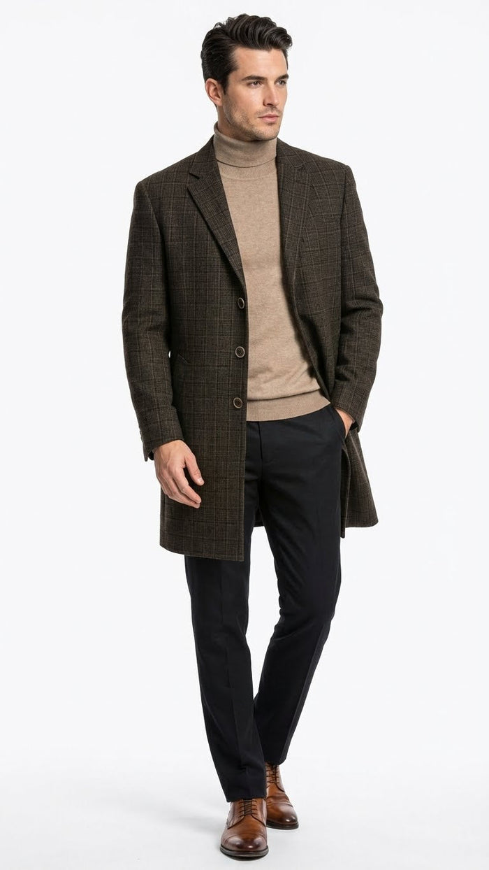 Men’s Brown Checkered Wool Overcoat - Long Winter Coat with Classic Plaid Pattern By Statement USA Men's Outlet