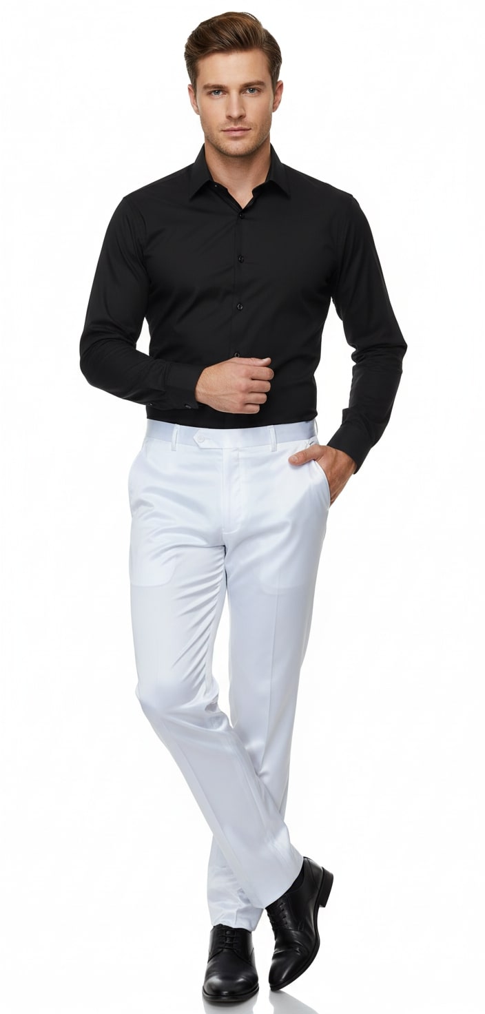 Mens White Satin Slim Fit Dress Pants – Shiny Formal Party and Wedding Trousers – SuitUSA