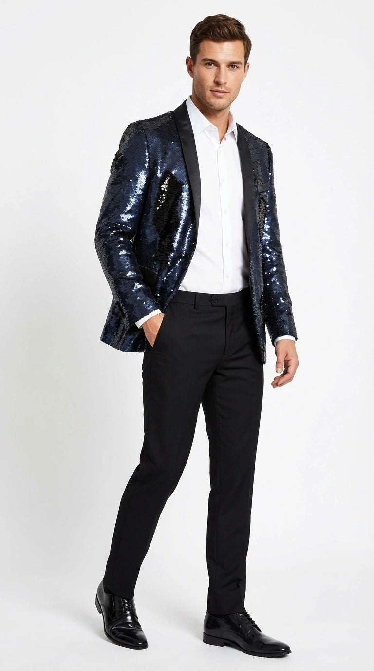 Men’s Navy Sequin Blazer – Navy Blue Sparkle Sequin Formal Blazer with Satin Lapel for Prom, Party and Evening Events