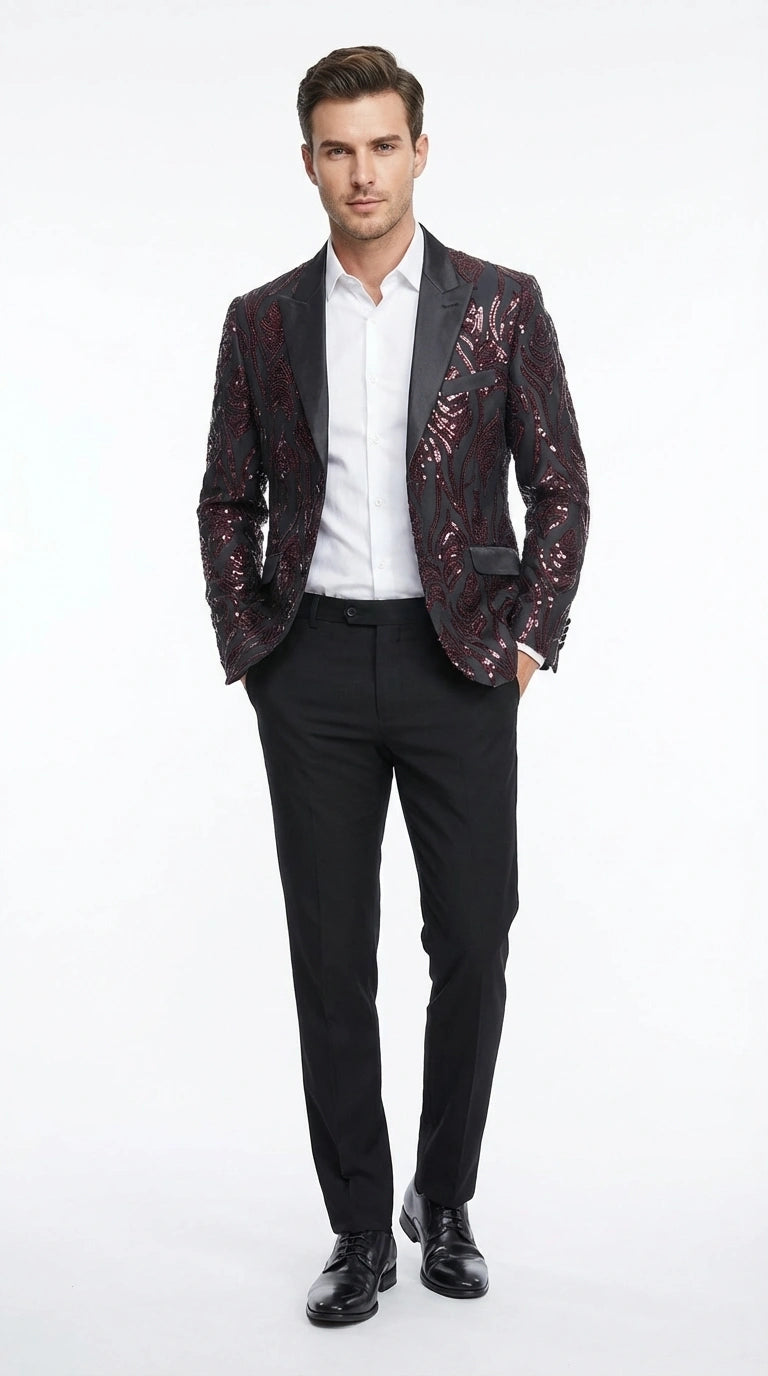 Men’s Black and Burgundy Sequin Blazer – Black Sparkle Sequin Party Blazer with Burgundy Pattern for Prom, Wedding Slim Fitted