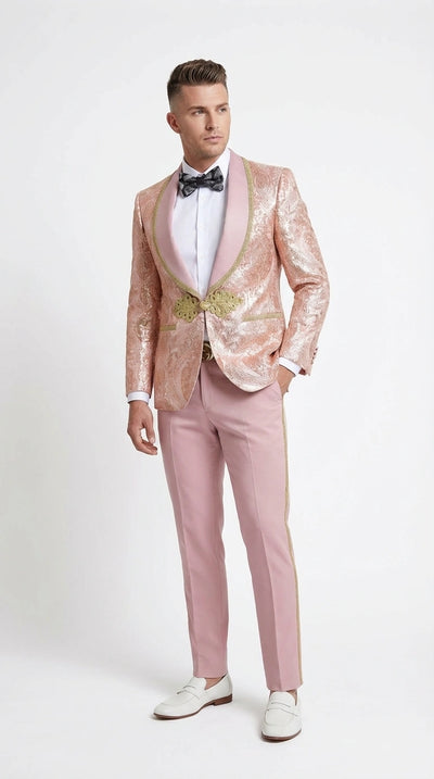 Men’s Rose Gold Pink Prom Tuxedo Suit – Slim Fit Paisley Pattern Formal Tuxedo Suit for Prom, Wedding and Special Events