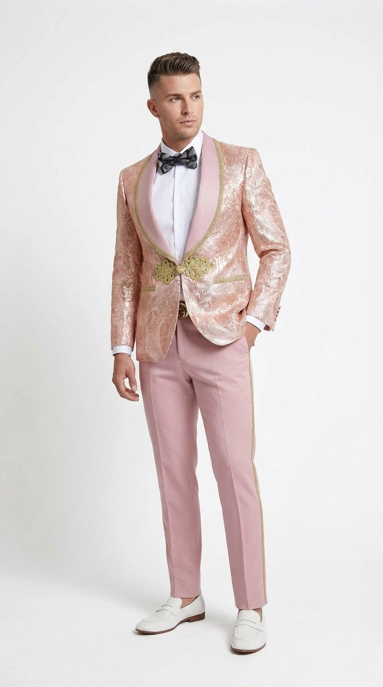 Men’s Rose Gold Pink Prom Tuxedo Suit – Slim Fit Paisley Pattern Formal Tuxedo Suit for Prom, Wedding and Special Events