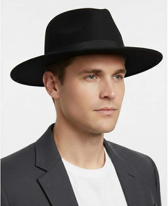Men’s Black Wide Brim Fedora Hat - Classic Wool Felt Dress Hat with Matching Black Band by USA Men's Outlet
