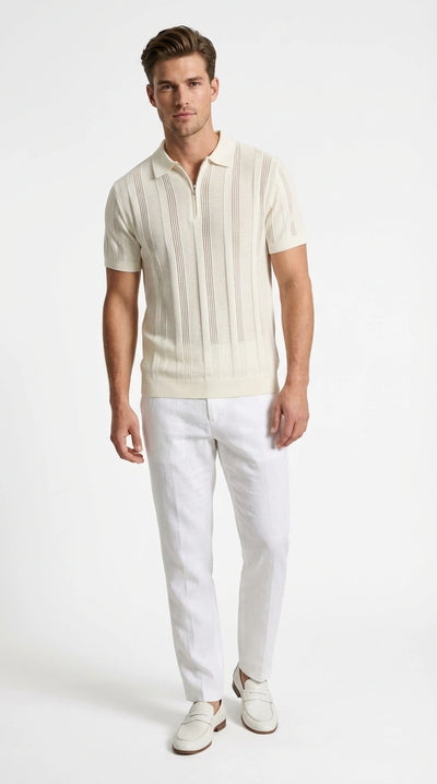Mens Cream Ivory Off White Knit Walking Suit Set – Lightweight Short Sleeve Shirt and Pants Outfit for Summer, Vacation and Casual Wear