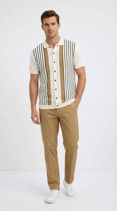 Mens Cream and Tan Striped Walking Suit Set – Casual Summer Short Sleeve Shirt and Pants Outfit for Vacation, Travel and Everyday Wear