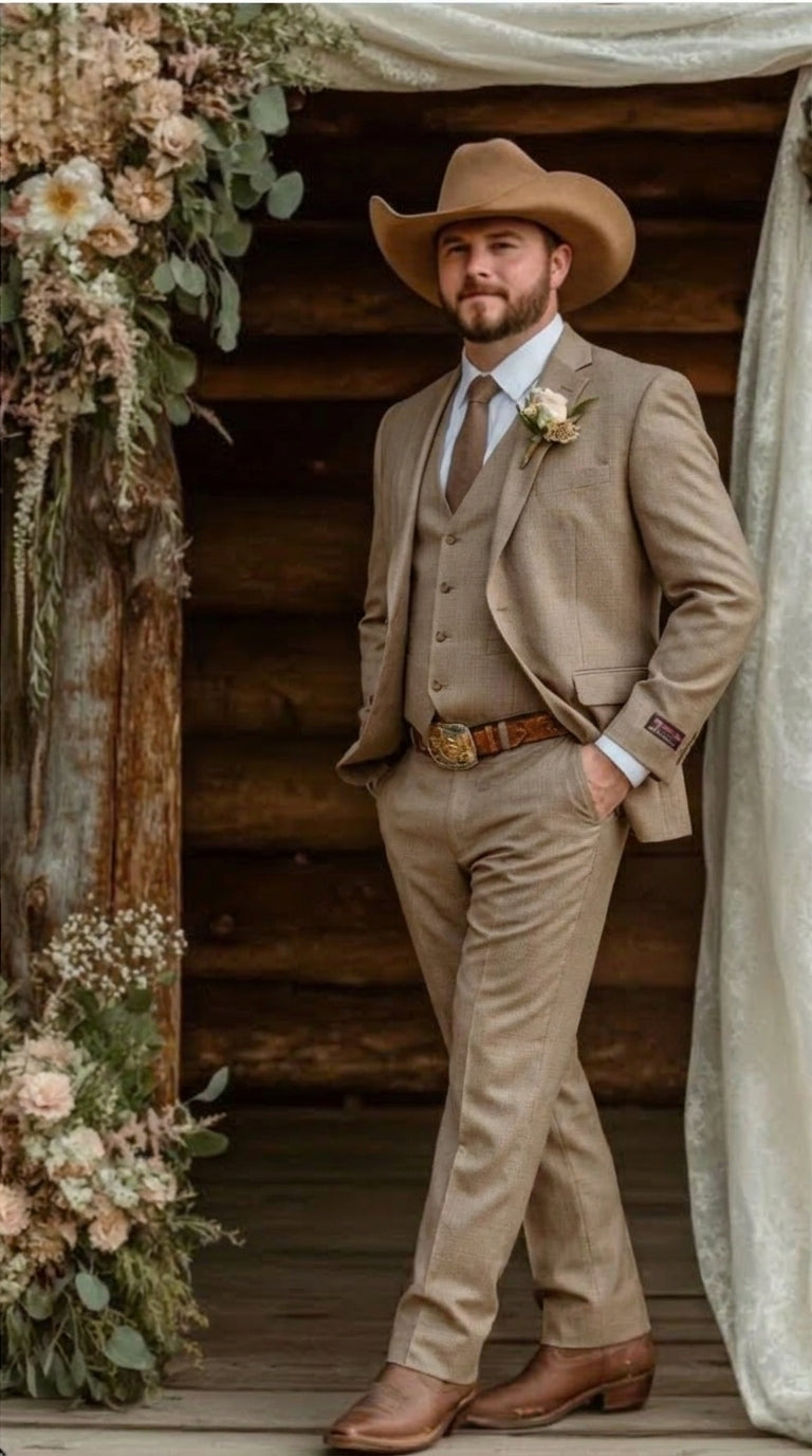 Mens Sharkskin Dark Taupe Tan with sheen Western 3 Piece Suit – Classic Country Style Blazer Vest Pants Set, Formal Cowboy Suit Outfit – SuitUSA