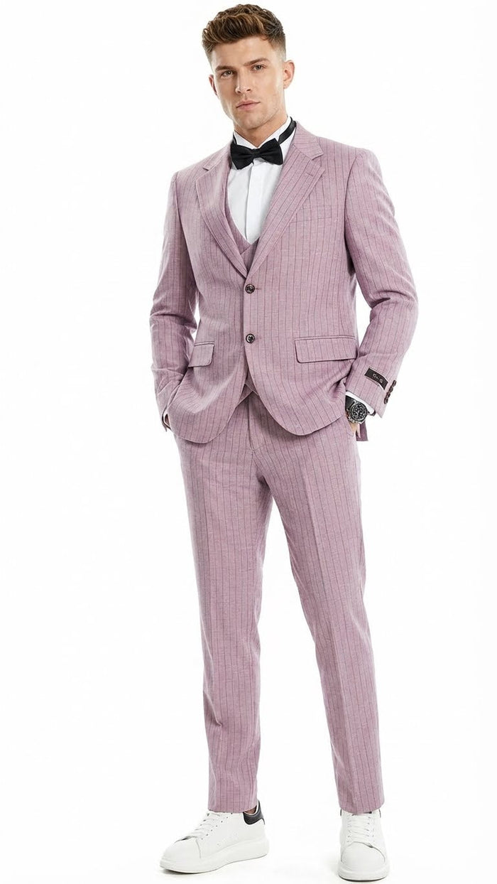 Men’s Dusty Rose Pink Pinstripe Three Piece Suit with Vest - Wedding and Party Formal Wear Prom or Church Suit by USA Men's Outlet