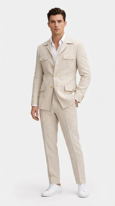 Mens Tan Beige Safari Military Walking Suit Set – Casual Two Piece Outfit Lightweight Summer Blazer and Pants Set Classic Casual Wear