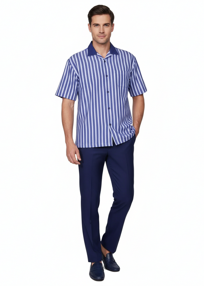 Men’s Blue and White Vertical Stripe Short Sleeve Shirt Set - Casual Summer Two-Piece Outfit by USA Men's Outlet