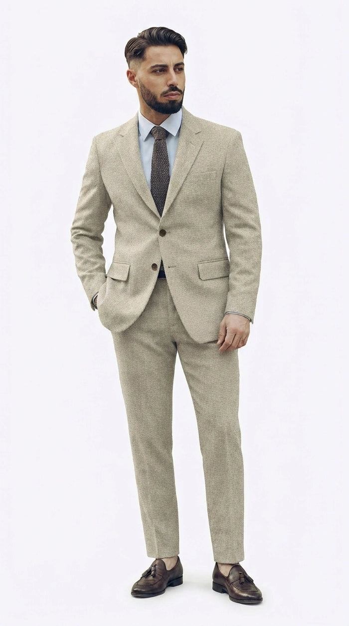 Men’s Light Tan Tweed Suit – Classic Beige Two Piece Suit, Herringbone Formal Wear, Vintage Style Business & Wedding Outfit for Men
