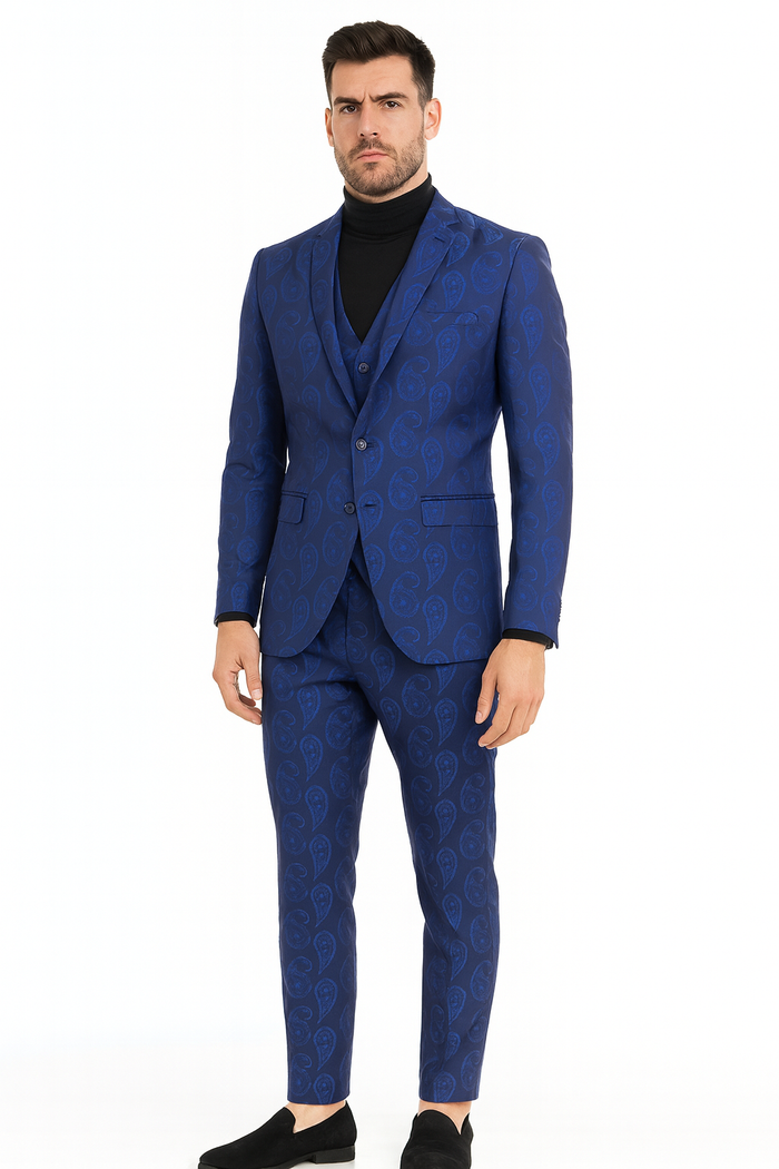 Men’s Sapphire Blue Paisley 3-Piece Suit - Slim Fit Designer Tuxedo Set for Weddings and Formal Events in Cobalt Blue Color by USA Men's Outlet
