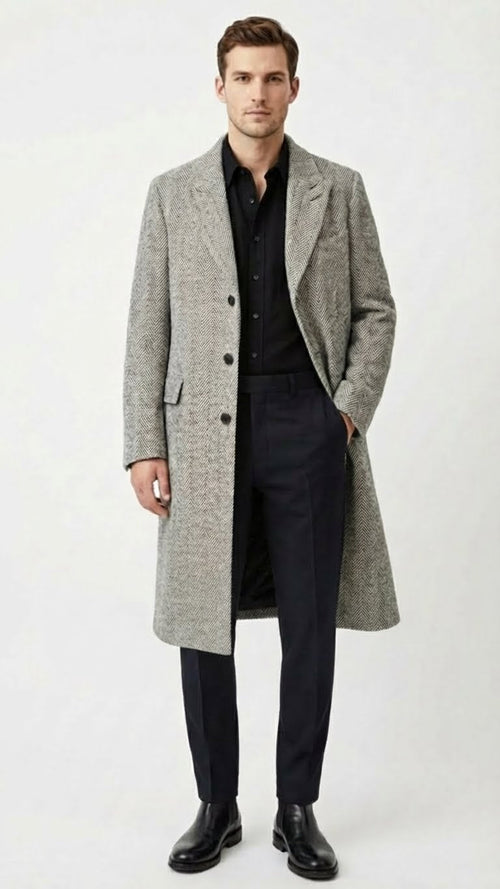 Men’s Grey Herringbone Long Overcoat - Tweed Black and White Pattern Wool Topcoat Three Qaurter USA Men's Outlet