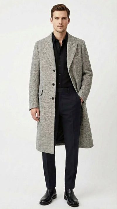 Men’s Grey Herringbone Long Overcoat - Tweed Black and White Pattern Wool Topcoat Three Qaurter USA Men's Outlet